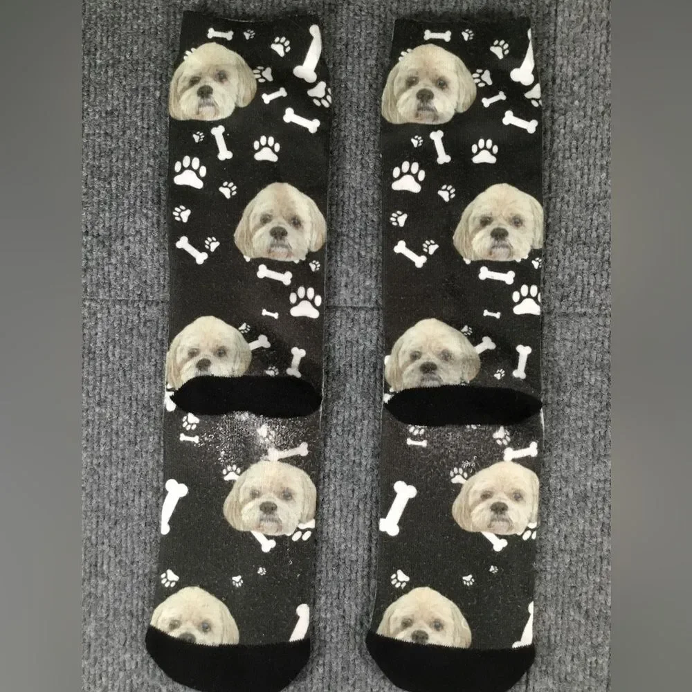 Unisex socks, dog, bones and paw print, black and white